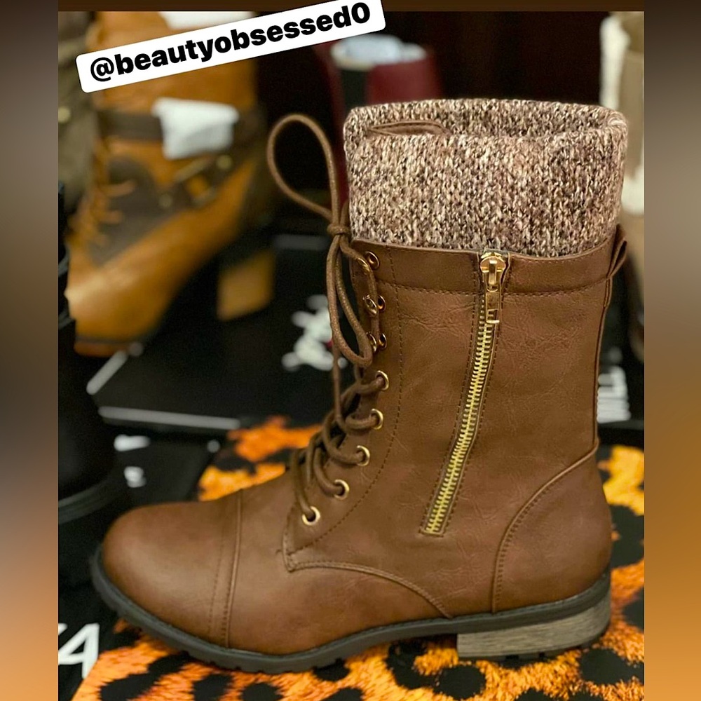 🆕🌿🤎FOREVER: BROWN Lace Up Sweater Cuff Boots w/Zipper SIZE 9
